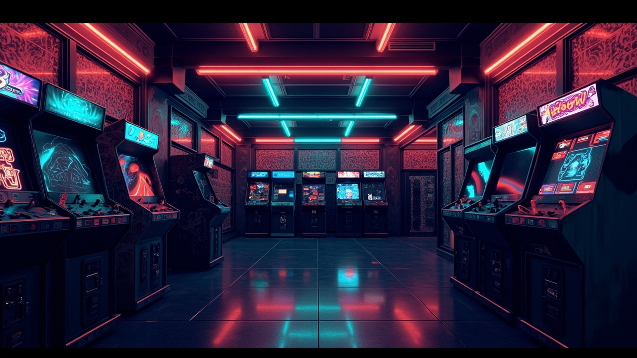 Illustration of a neon-lit retro arcade interior