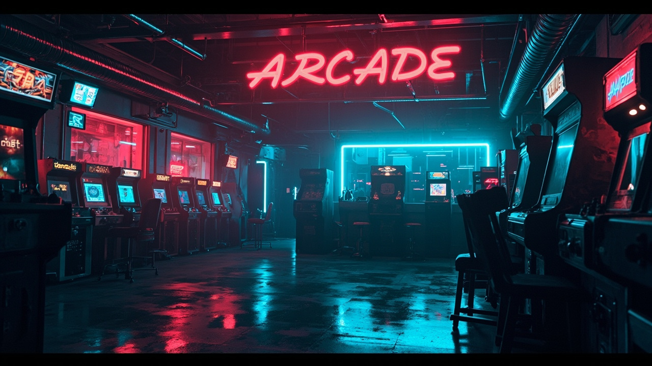 Illustration of a neon-lit retro arcade interior