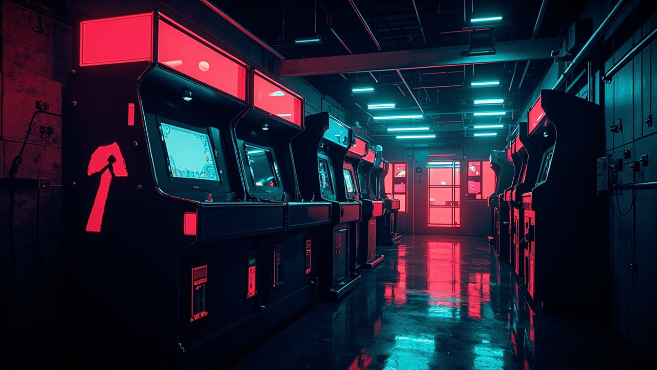 Illustration of a neon-lit retro arcade interior