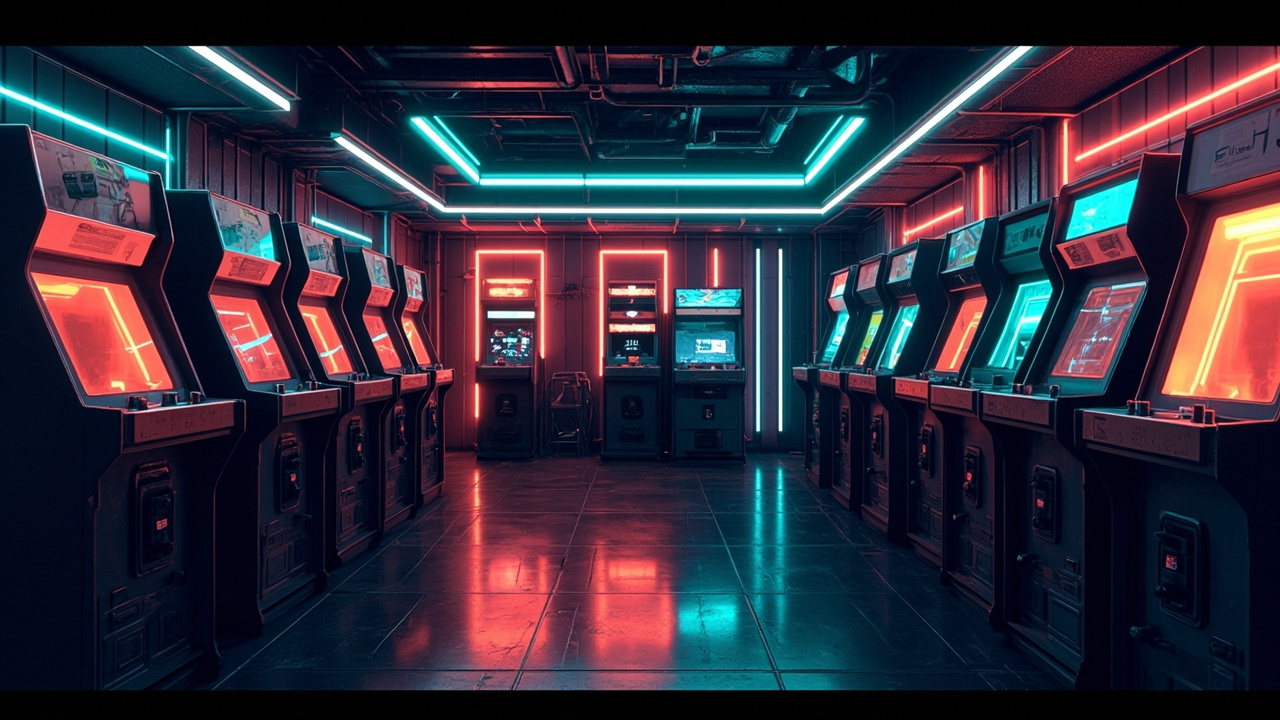Illustration of a neon-lit retro arcade interior