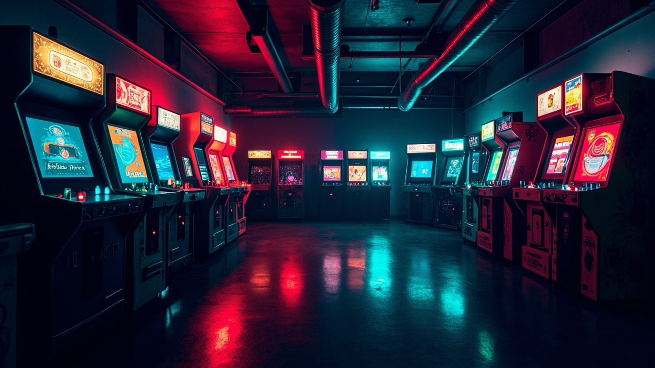Illustration of a neon-lit retro arcade interior