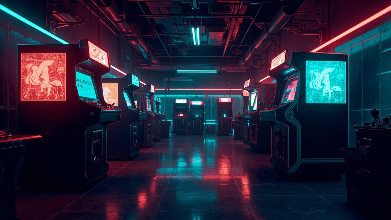 Illustration of a neon-lit retro arcade interior