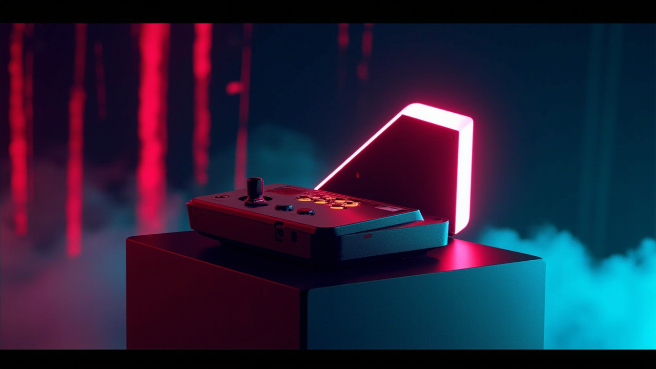 Illustration of retro gaming hardware in synthwave style