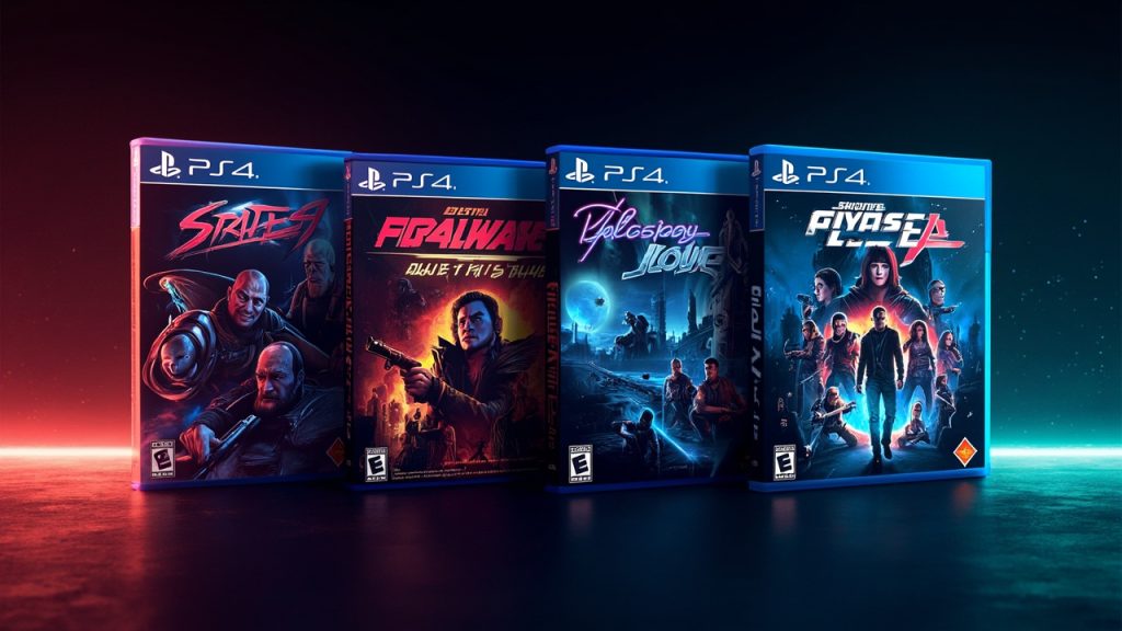 Illustration: A digital promotional graphic displays four rectangular video game case covers arranged side by side against a dark gradient background, each featuring illustrated artwork of characters and scenes.