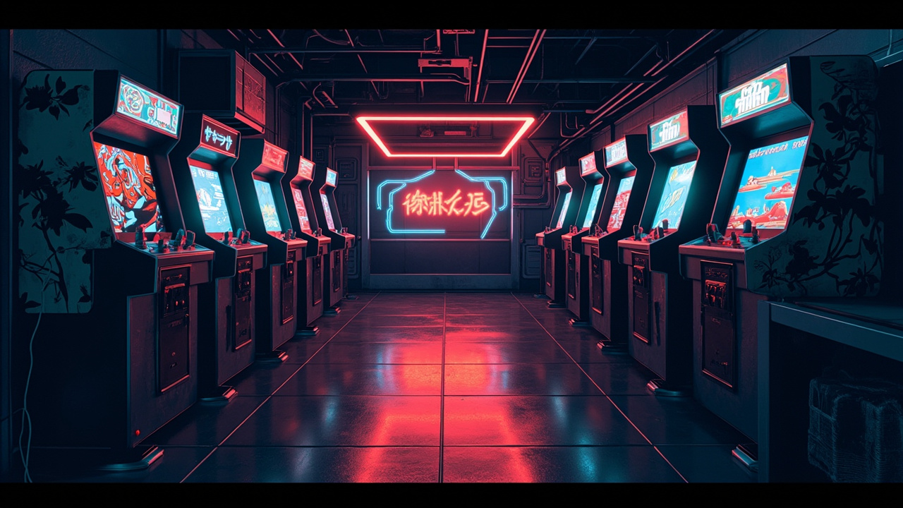 Illustration of a neon-lit retro arcade interior