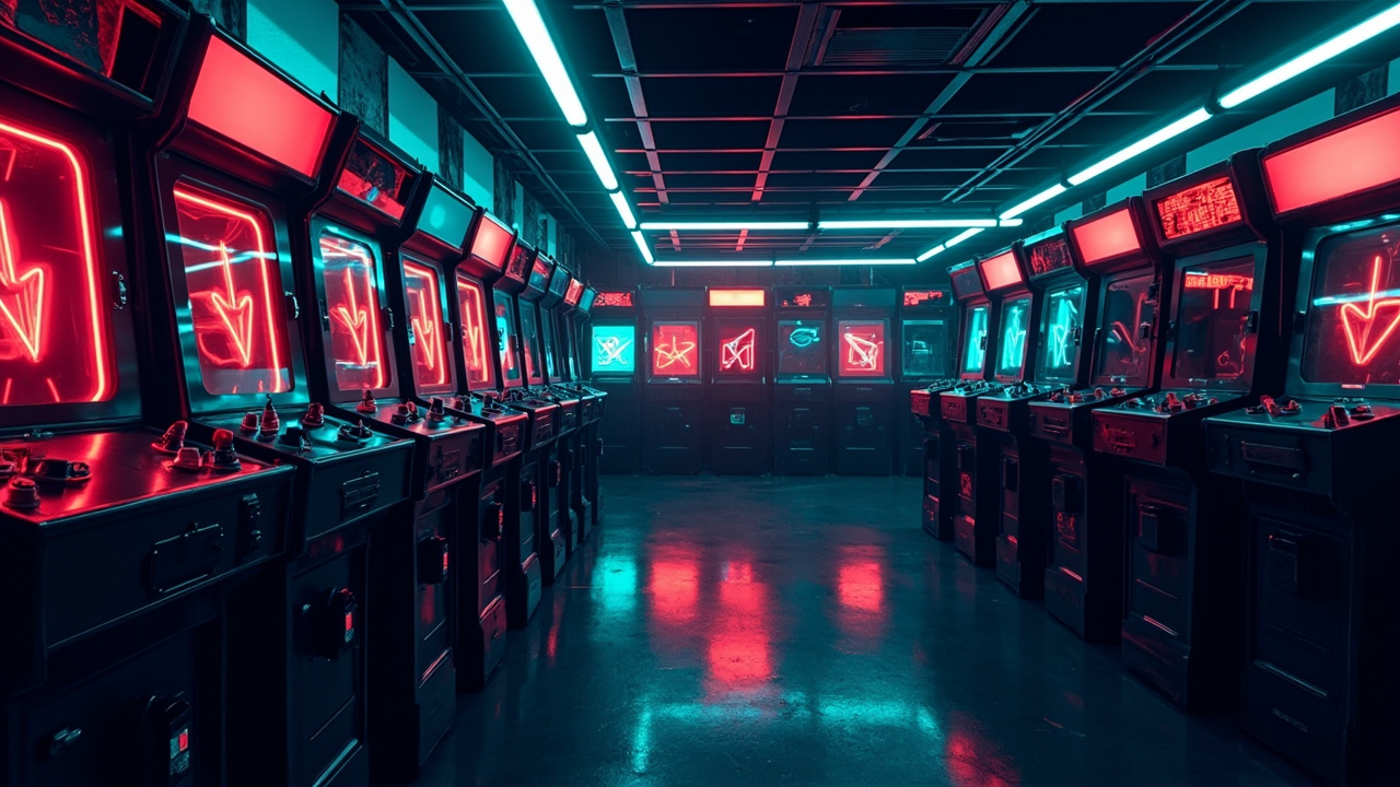 Illustration of a neon-lit retro arcade interior