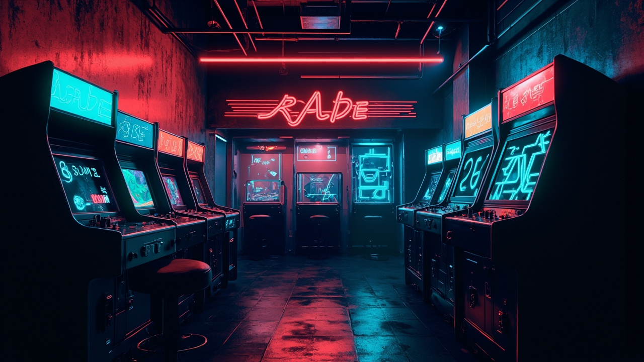 Illustration of a neon-lit retro arcade interior