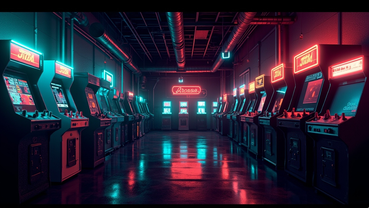 Illustration of a neon-lit retro arcade interior
