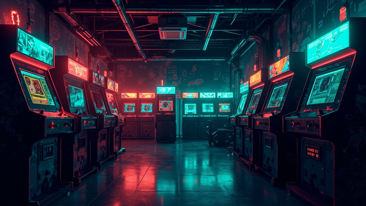 Illustration of a neon-lit retro arcade interior