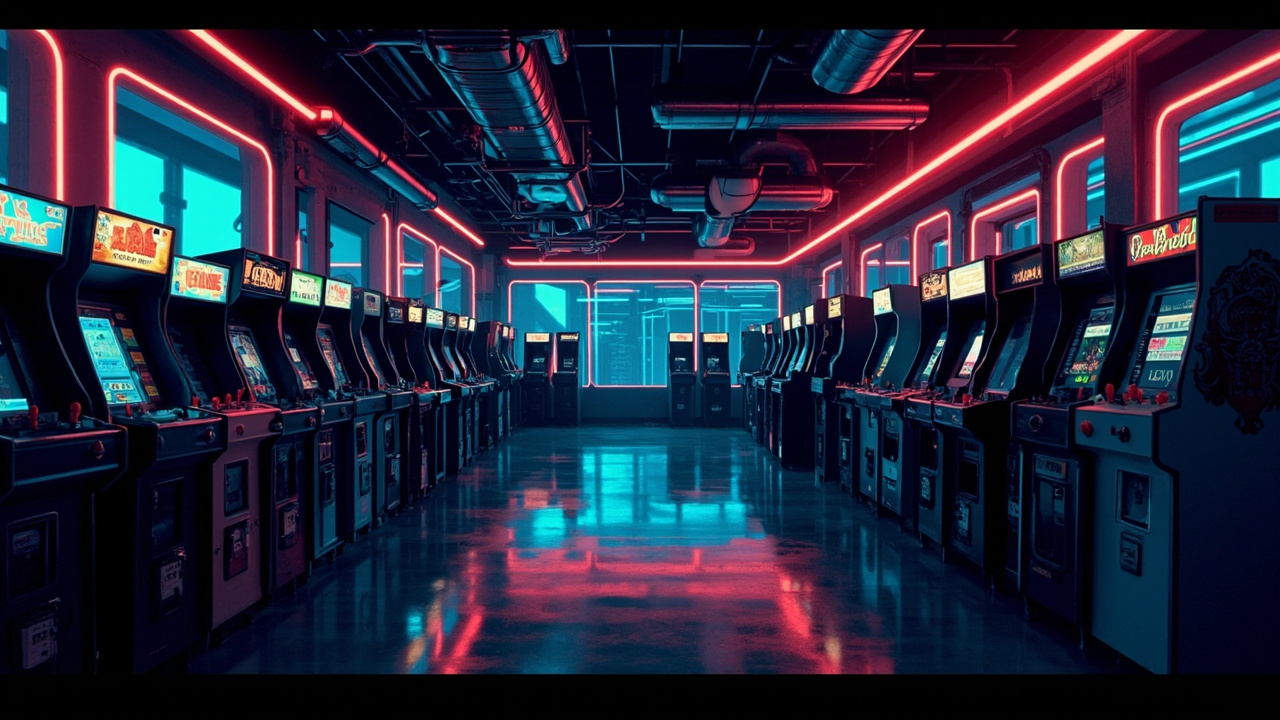 Illustration of a neon-lit retro arcade interior