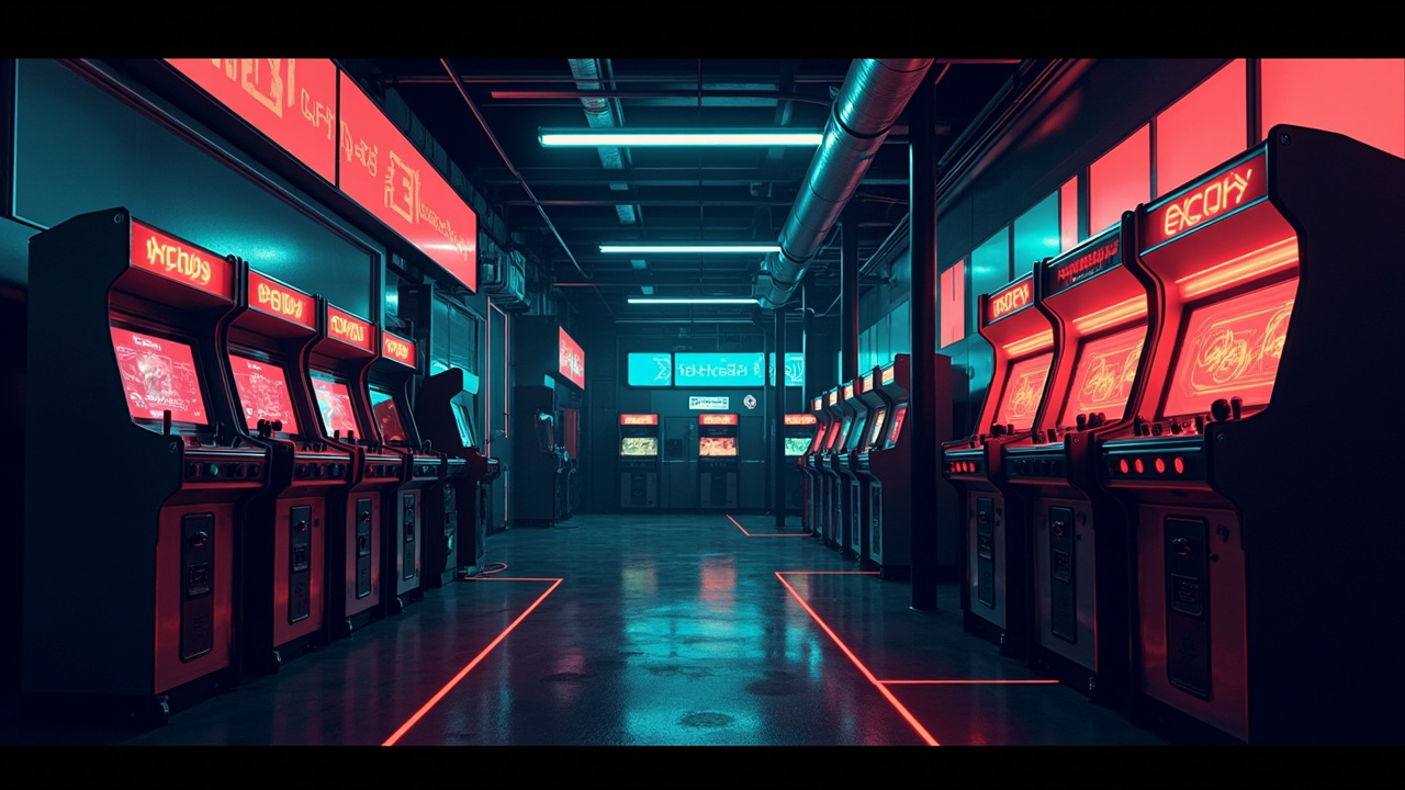 Illustration of a neon-lit retro arcade interior