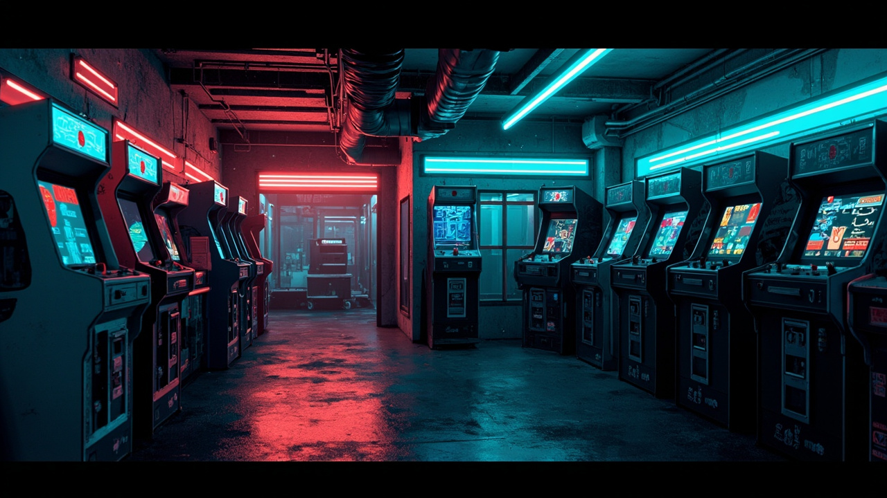 Illustration of a neon-lit retro arcade interior