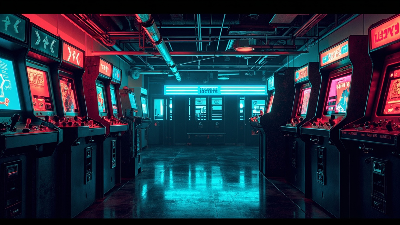 Illustration of a neon-lit retro arcade interior