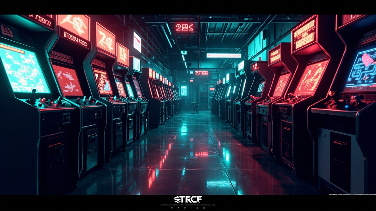Illustration of a neon-lit retro arcade interior