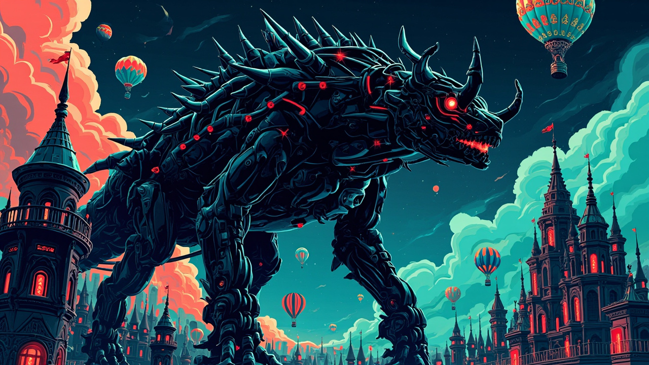 Illustration: A towering, dark mechanical beast with intricate gears and plating stands beside ornate spired towers and a decorated hot air balloon in a whimsical, steampunk-style cityscape.