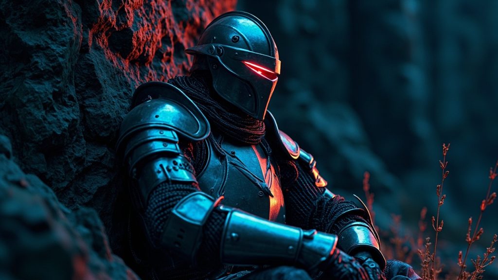 Illustration: A figure clad in silver-colored plate armor with a closed visor and chainmail rests seated against a dark, textured stone surface, with dry plant stems visible in the foreground.