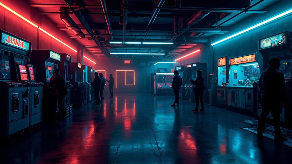 Illustration of a neon-lit retro arcade interior