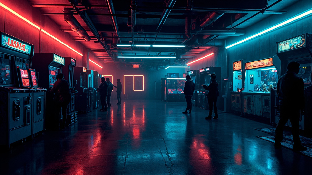 Illustration of a neon-lit retro arcade interior