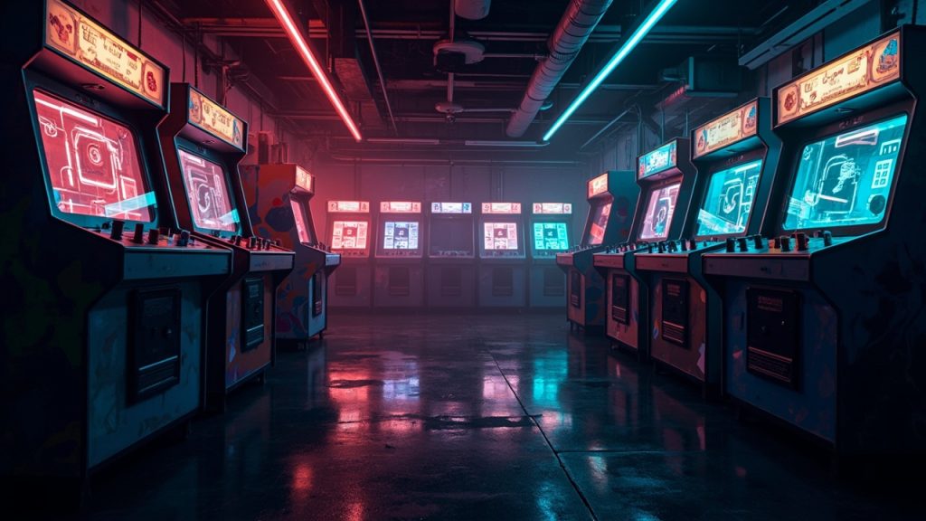 Illustration of a neon-lit retro arcade interior