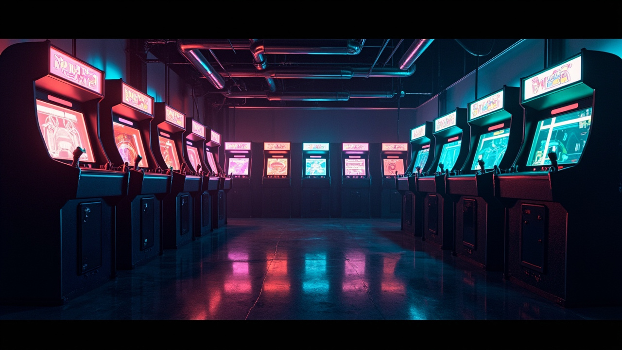 Illustration of a neon-lit retro arcade interior