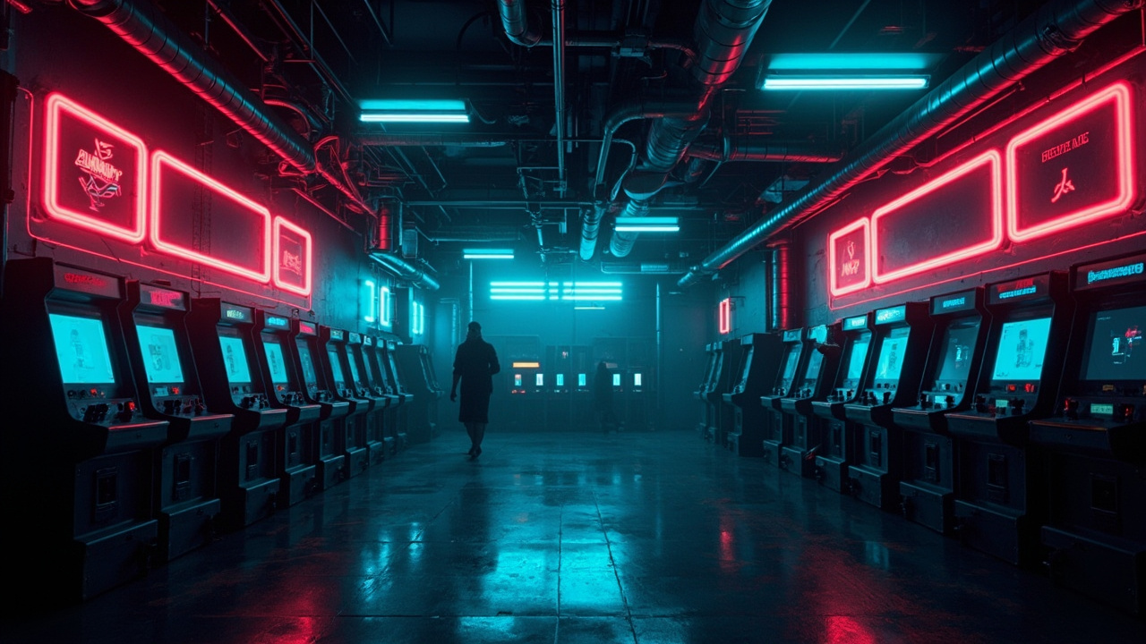 Illustration of a neon-lit retro arcade interior