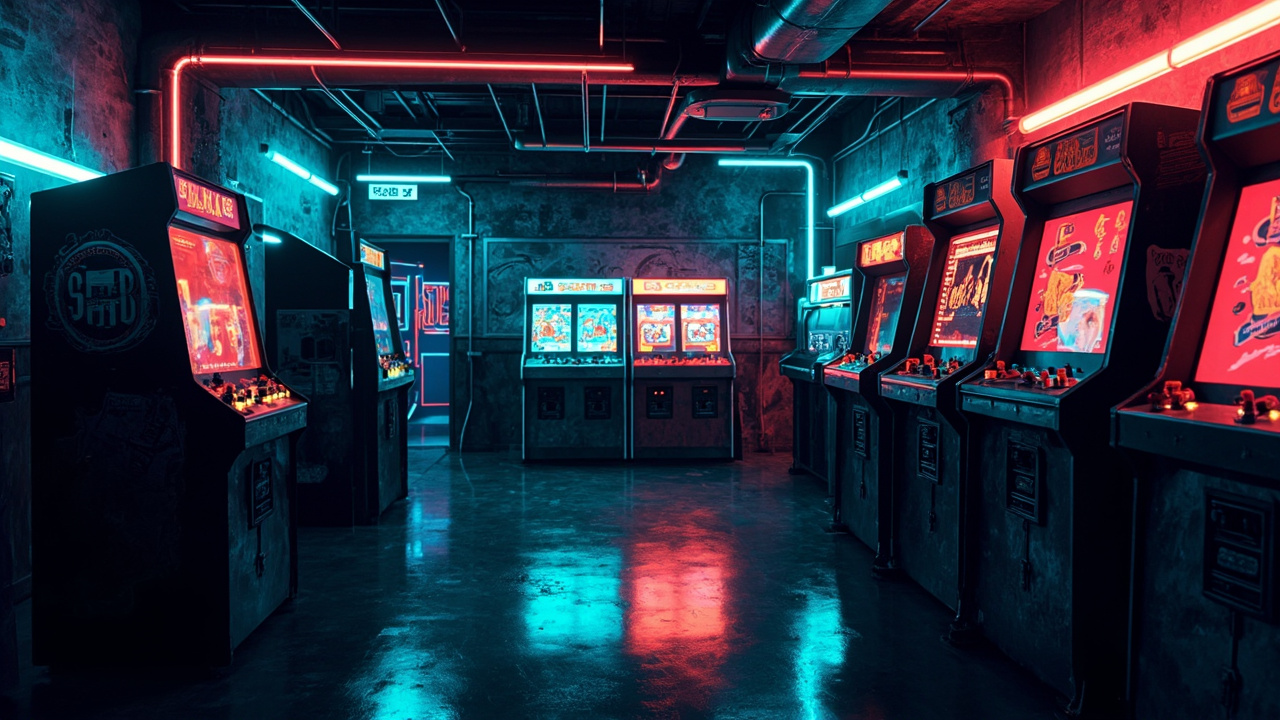 Illustration of a neon-lit retro arcade interior