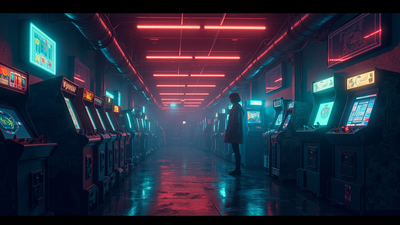 Illustration of a neon-lit retro arcade interior