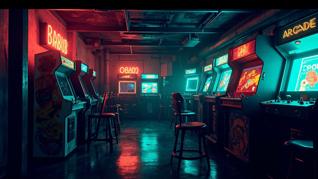 Illustration of a neon-lit retro arcade interior