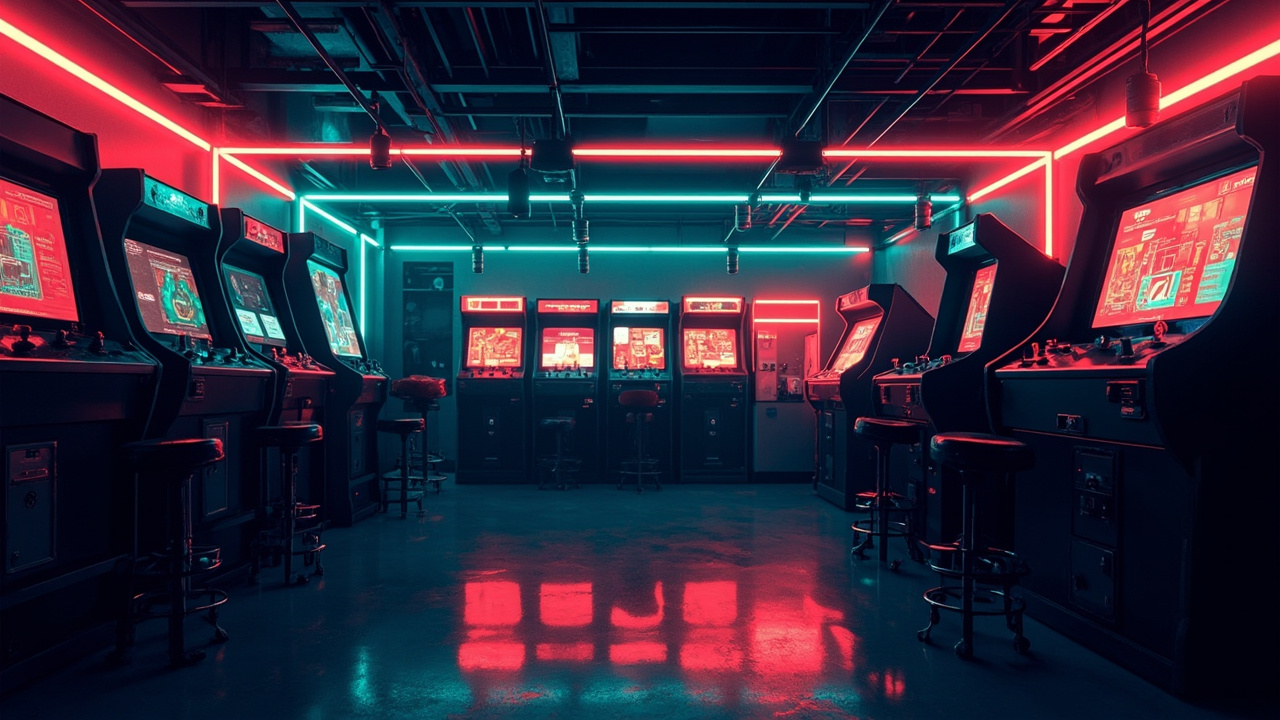 Illustration of a neon-lit retro arcade interior