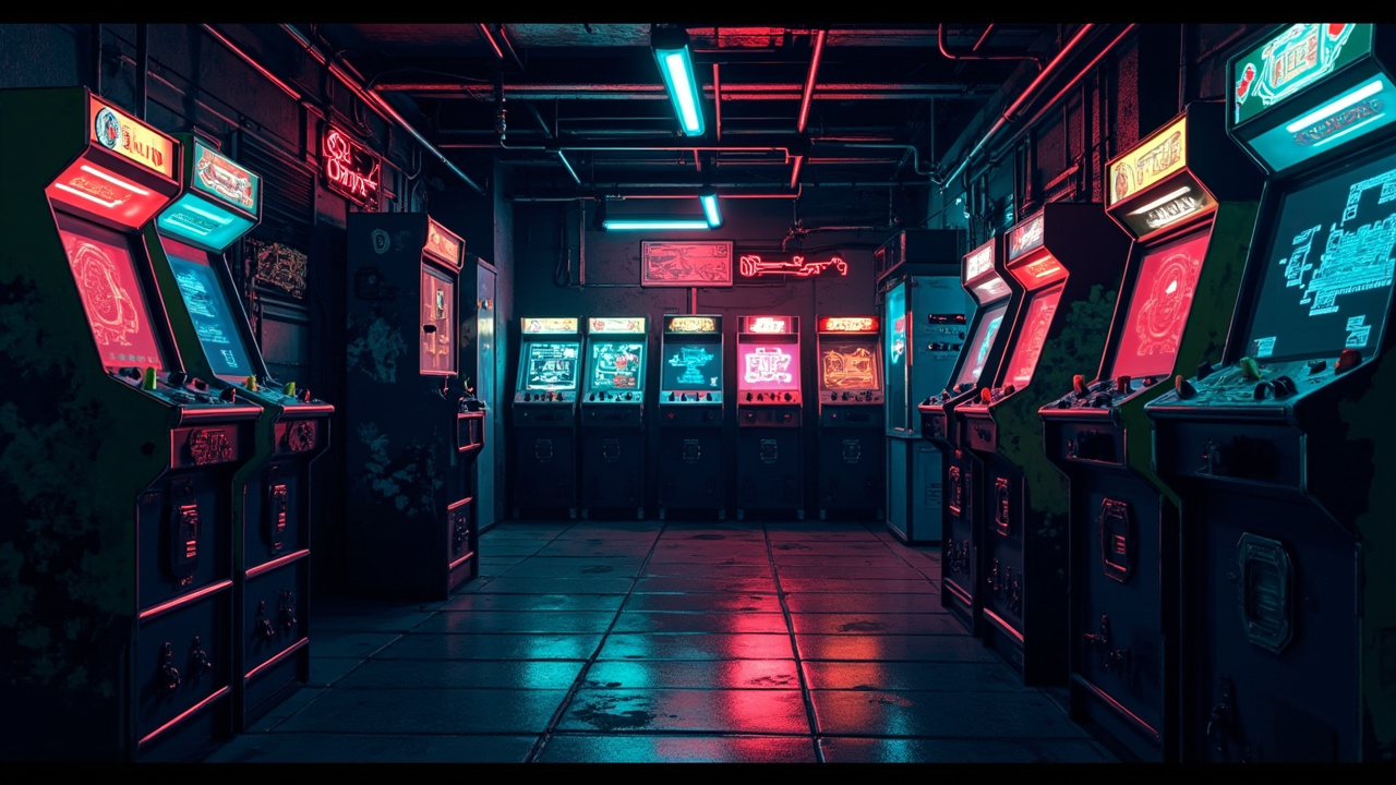 Illustration of a neon-lit retro arcade interior