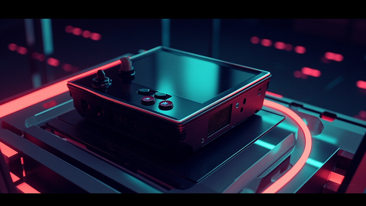 Illustration of retro gaming hardware in synthwave style