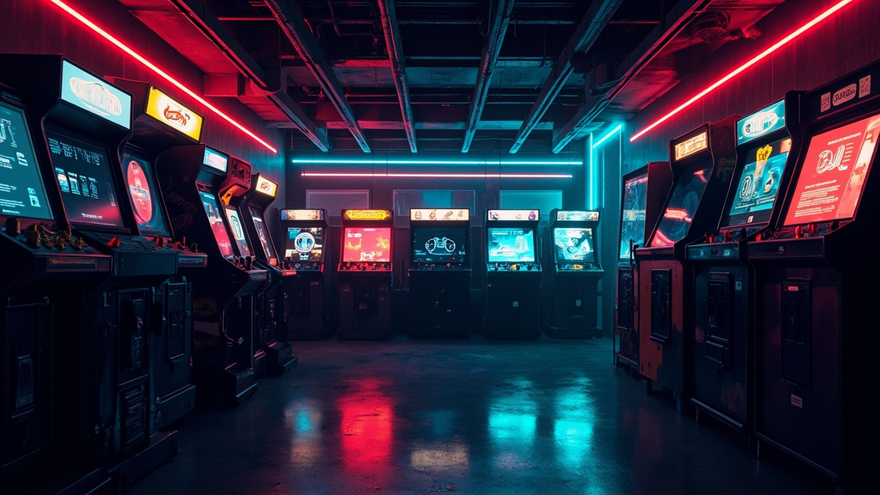 Illustration of a neon-lit retro arcade interior
