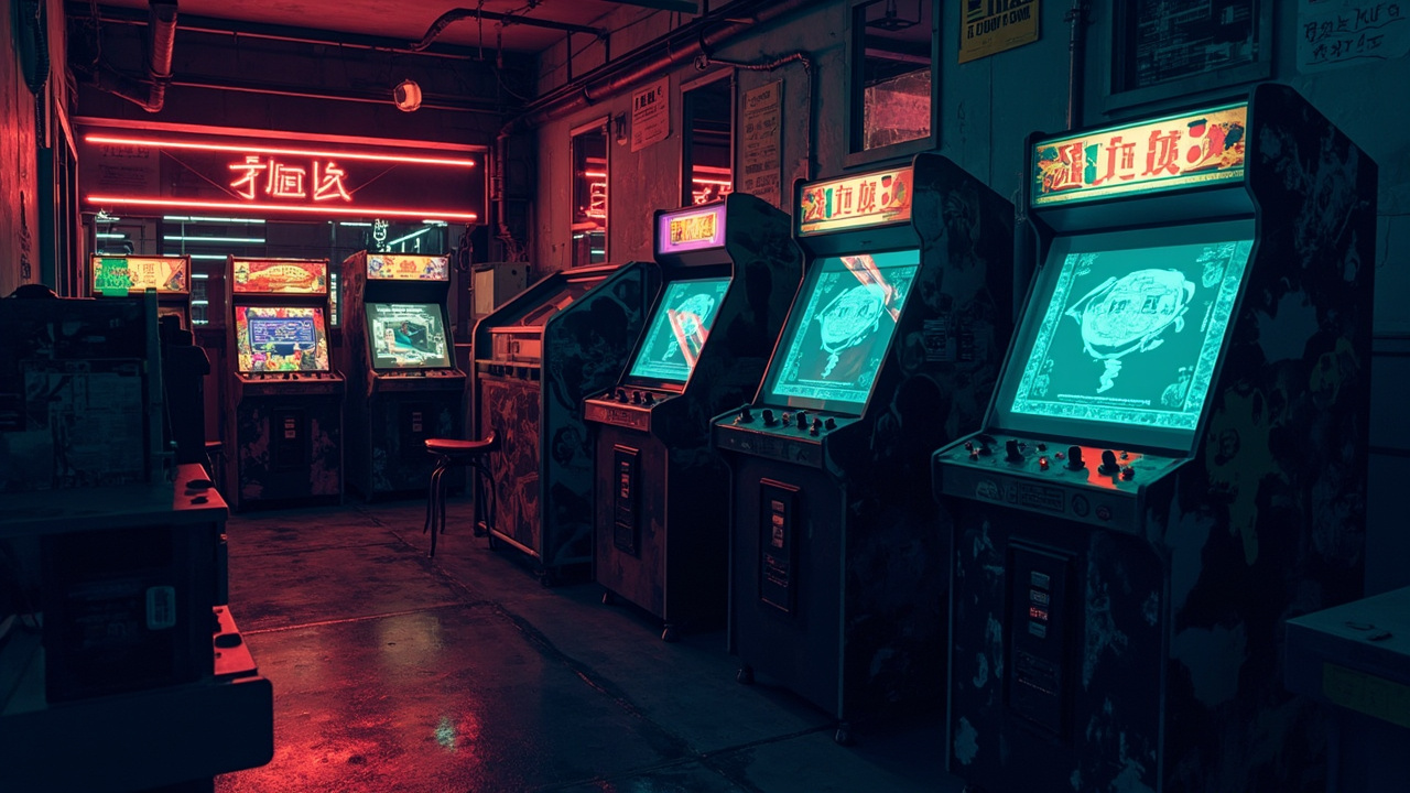 Illustration of a neon-lit retro arcade interior