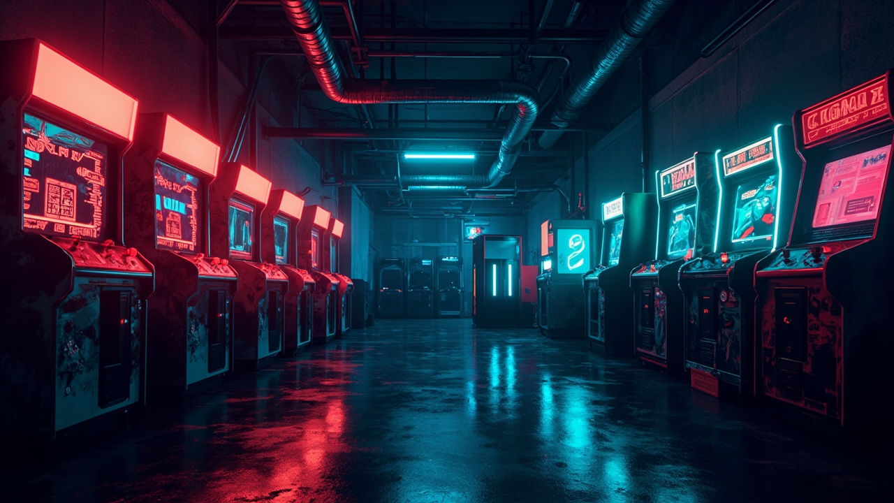 Illustration of a neon-lit retro arcade interior