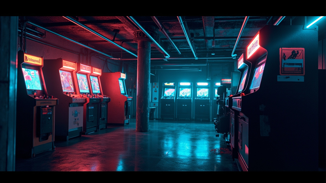 Illustration of a neon-lit retro arcade interior