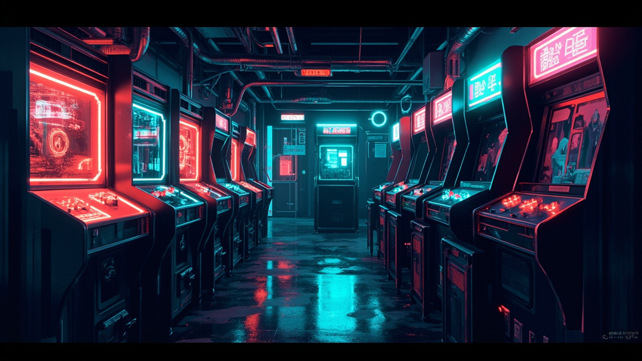 Illustration of a neon-lit retro arcade interior