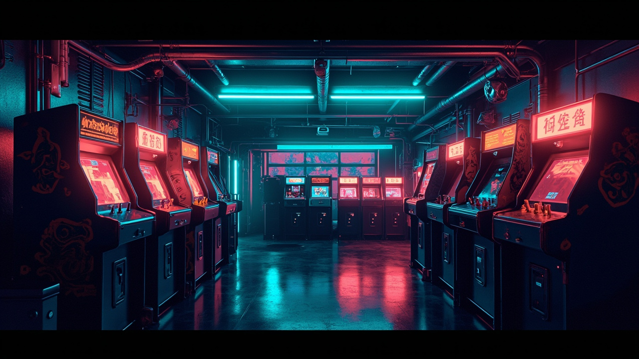 Illustration of a neon-lit retro arcade interior