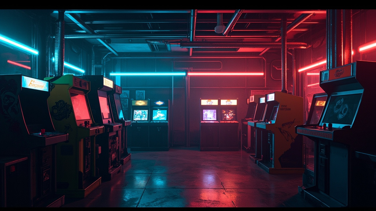 Illustration of a neon-lit retro arcade interior