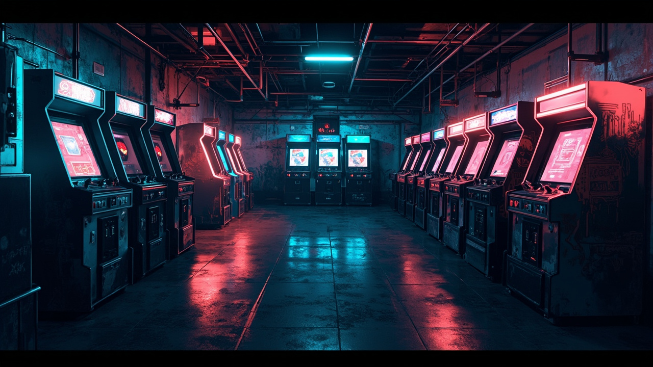Illustration of a neon-lit retro arcade interior