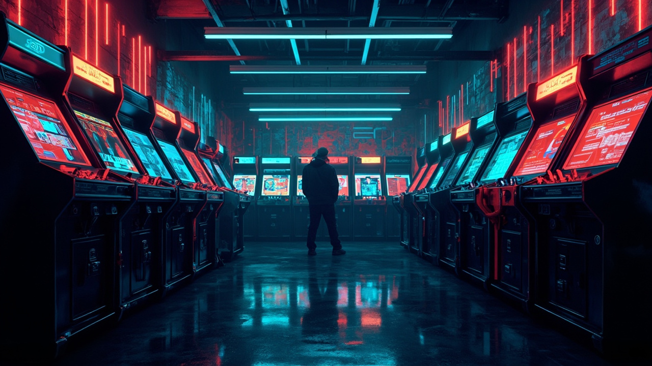 Illustration of a neon-lit retro arcade interior