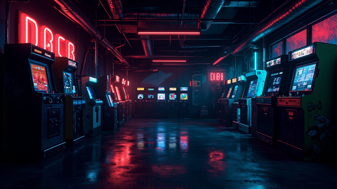 Illustration of a neon-lit retro arcade interior