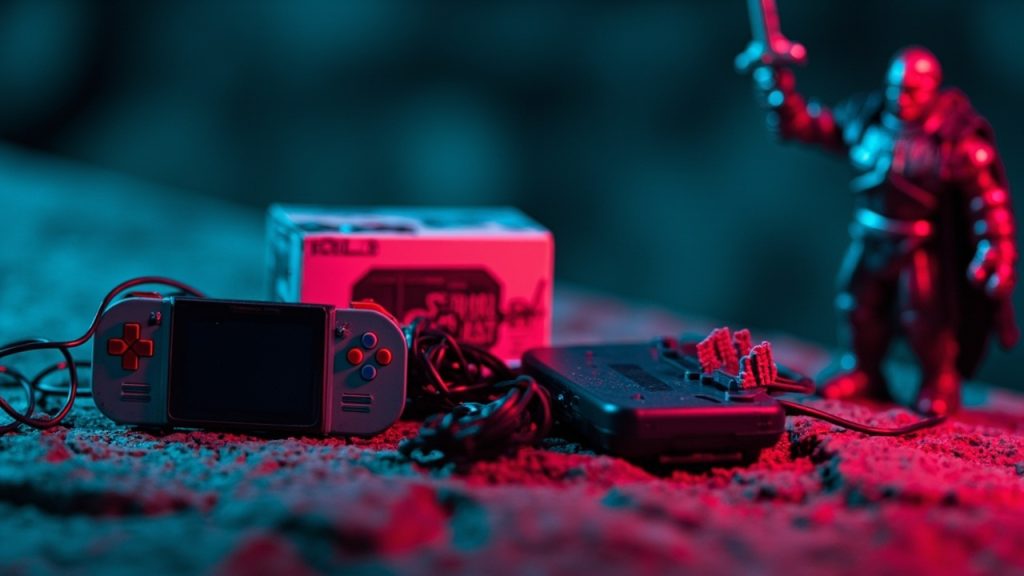 Illustration: A collection of miniature replicas featuring a classic handheld gaming device, a small box, and a tiny wired controller arranged on a stone surface, with a blurred figurine of an armored character holding a sword in the background.