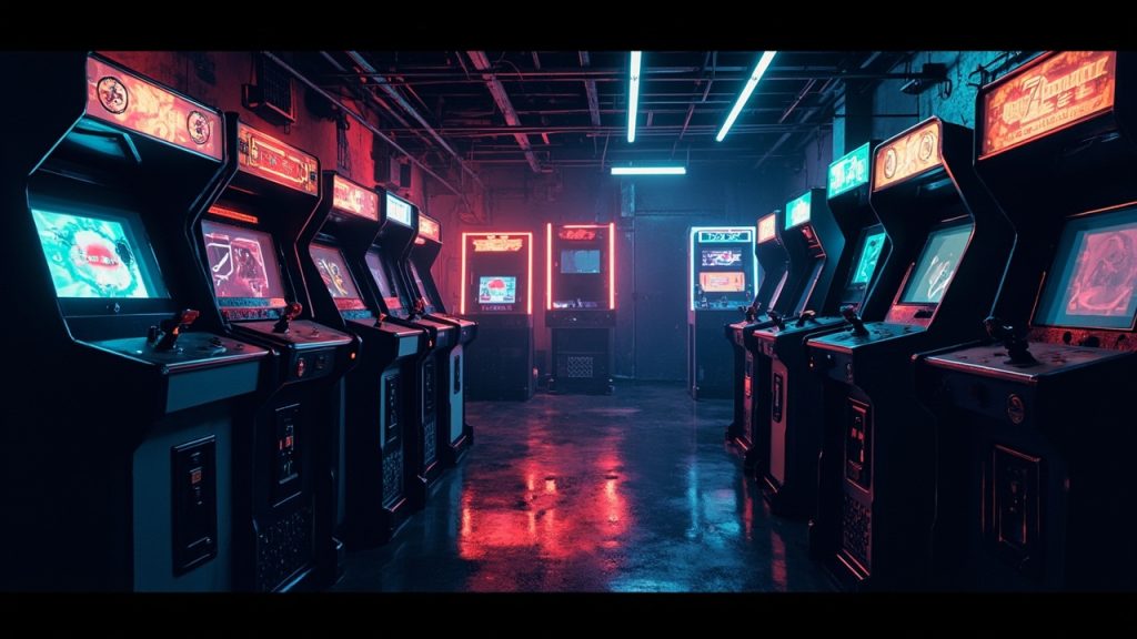 Illustration of a neon-lit retro arcade interior