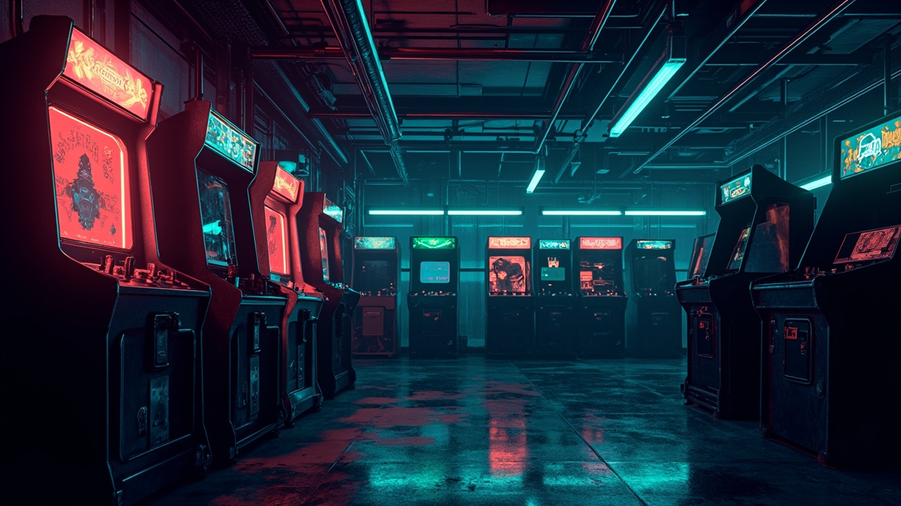 Illustration of a neon-lit retro arcade interior