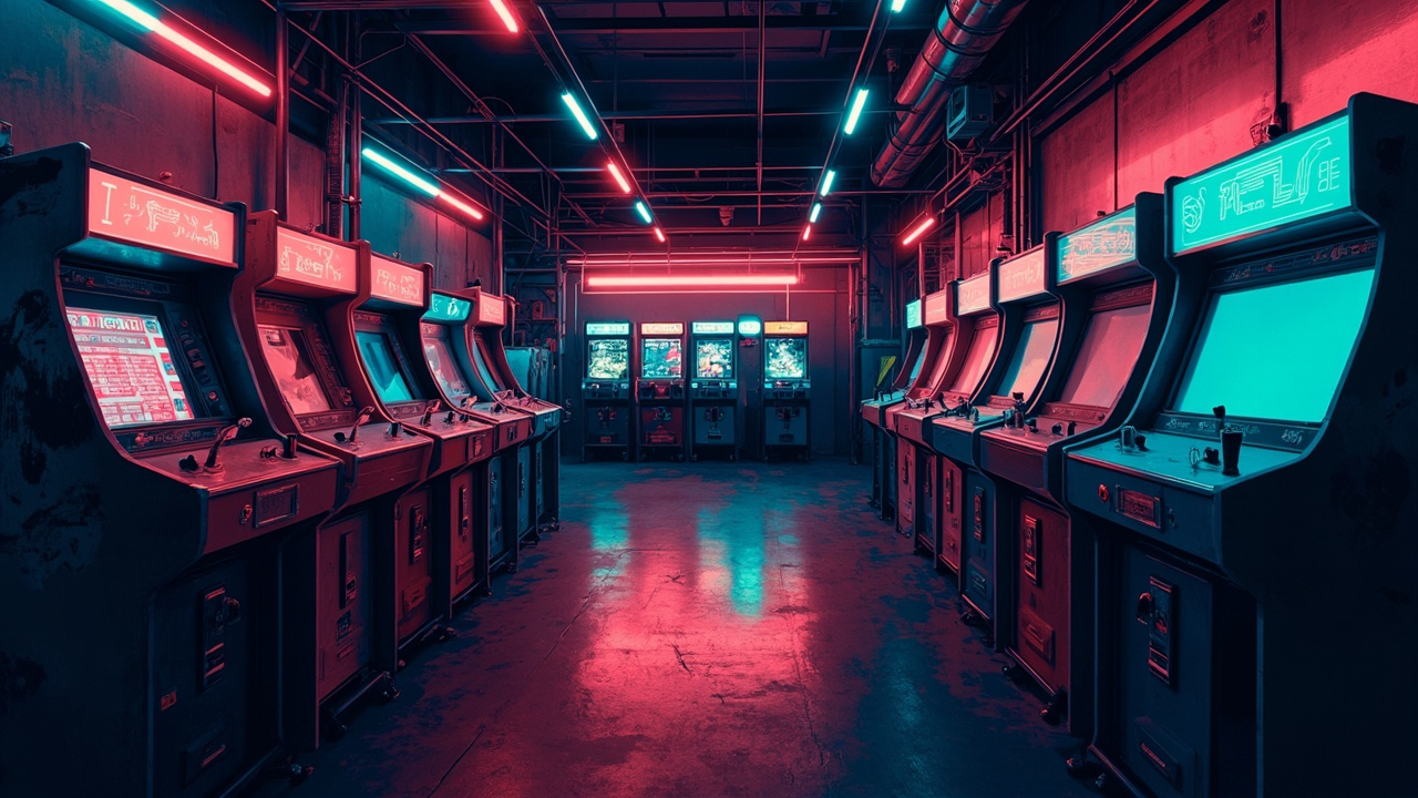 Illustration of a neon-lit retro arcade interior