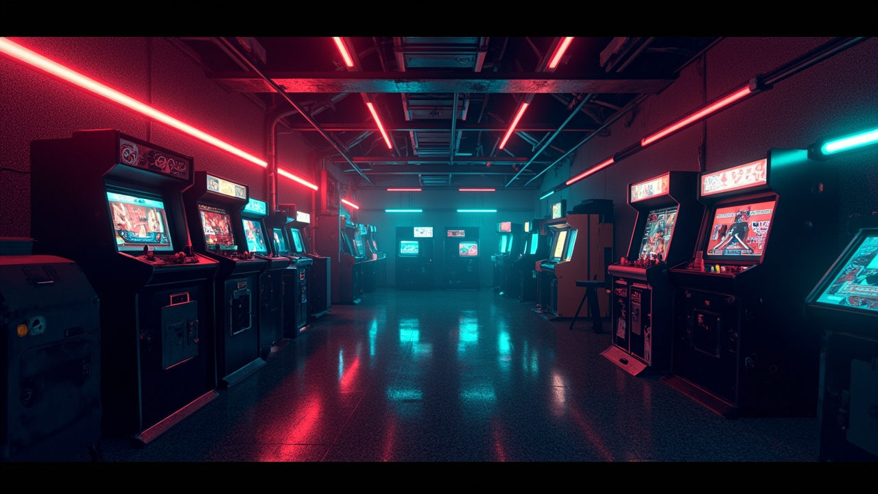 Illustration of a neon-lit retro arcade interior