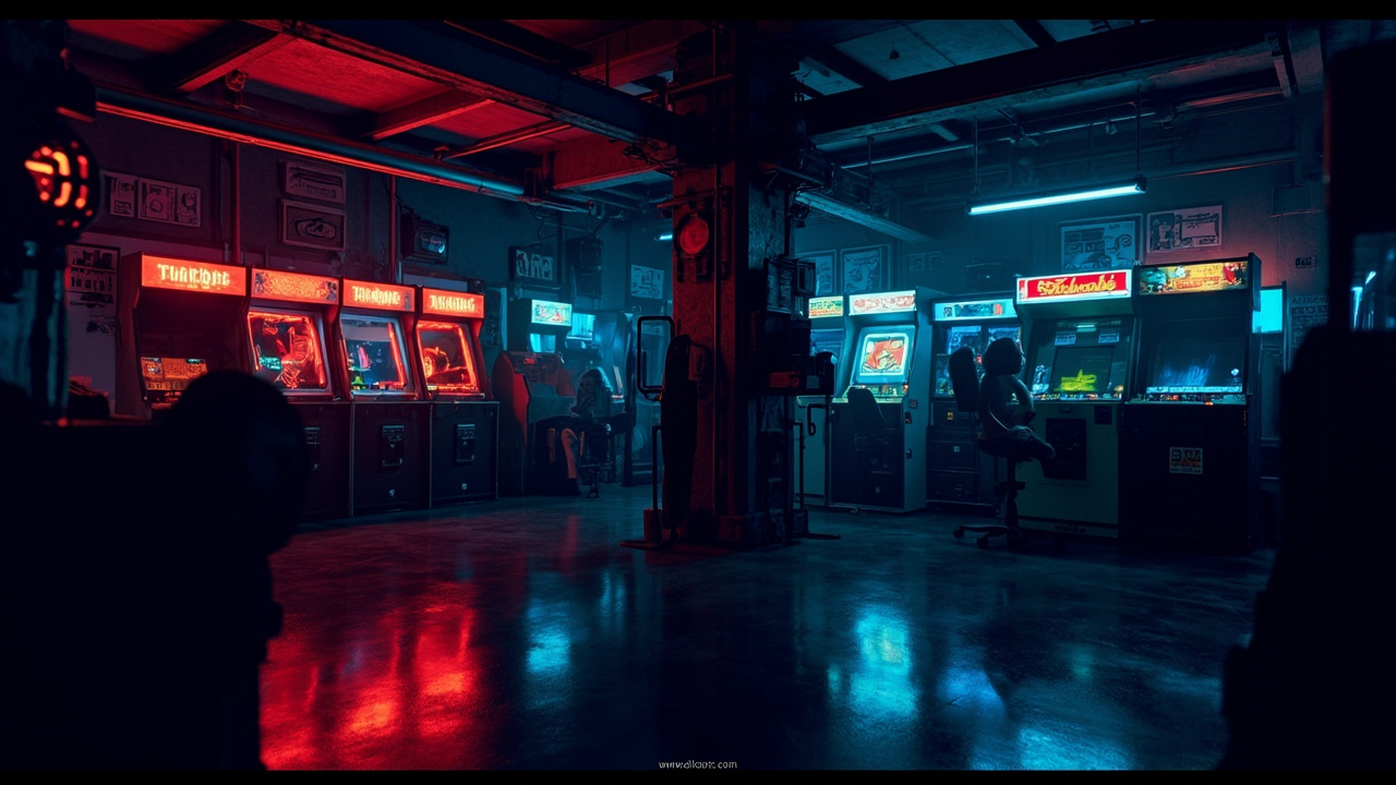 Illustration of a neon-lit retro arcade interior