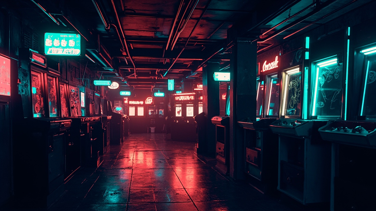 Illustration of a neon-lit retro arcade interior