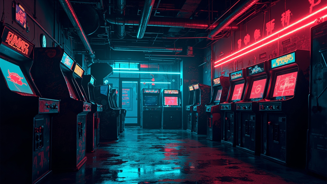 Illustration of a neon-lit retro arcade interior