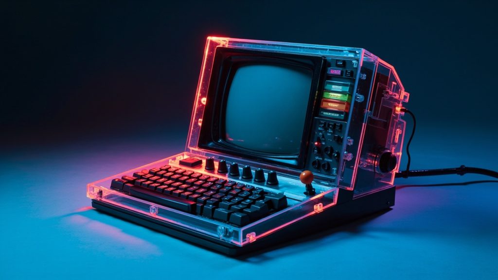Illustration: A vintage-style computer with a clear translucent casing, dark gray keys featuring colorful labels, and a cluster of red keys sits on a blue surface with a cable plugged into its right side.